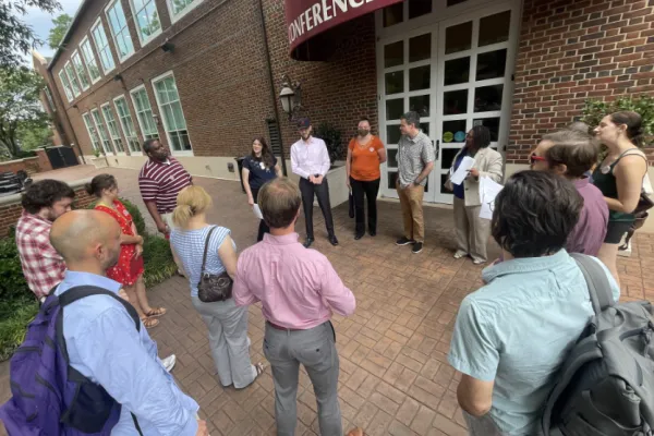 Petition delivery debrief outside of Bryant Conference Center